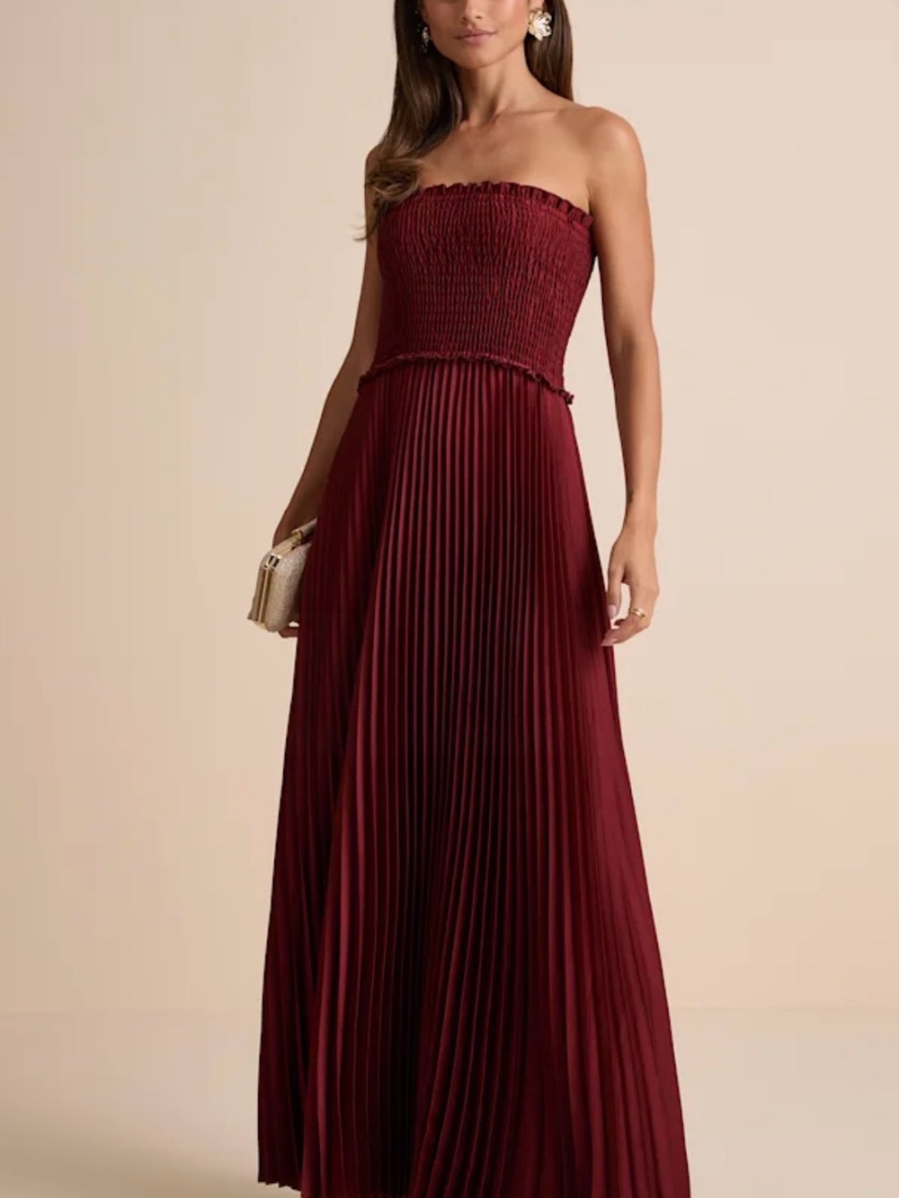 Strapless Smocked Bodice Pleated Maxi Dress - Wine
